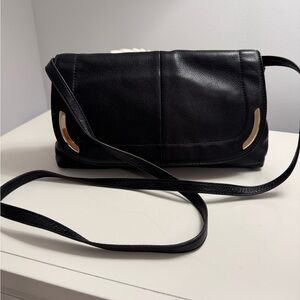 Chic Black B. Makowsky Crossbody Bag with Gold Accents 7” x 12”.